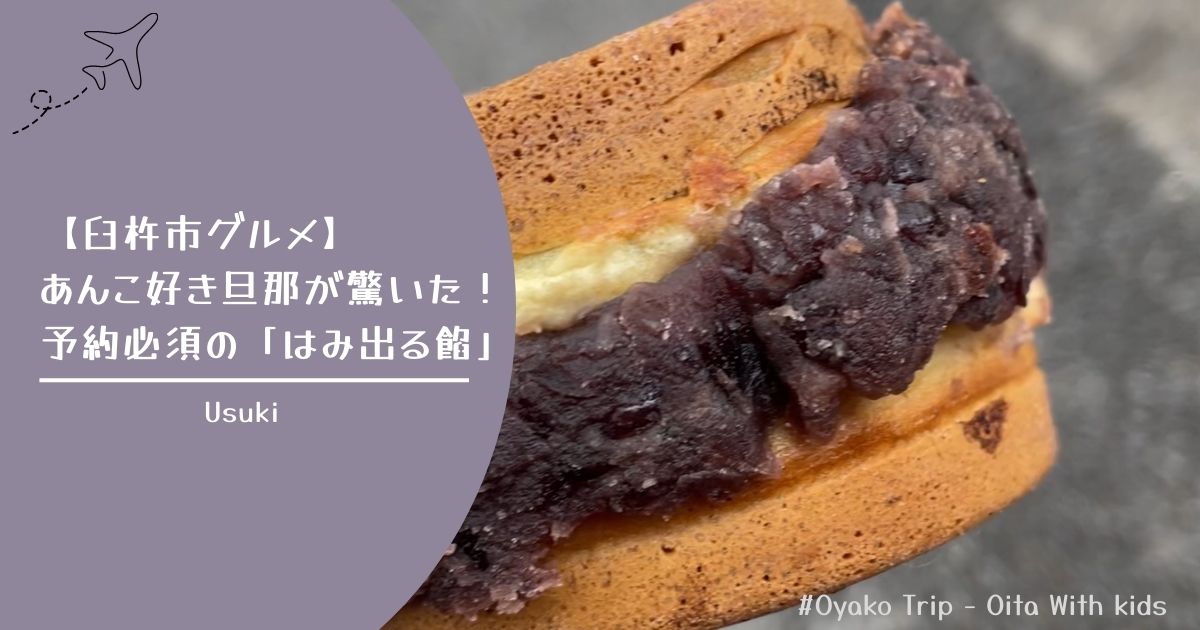 臼杵市の回転焼きふくちゃんの回転焼き。餡がはみ出るほどたっぷり詰まったおぐらあんの断面写真